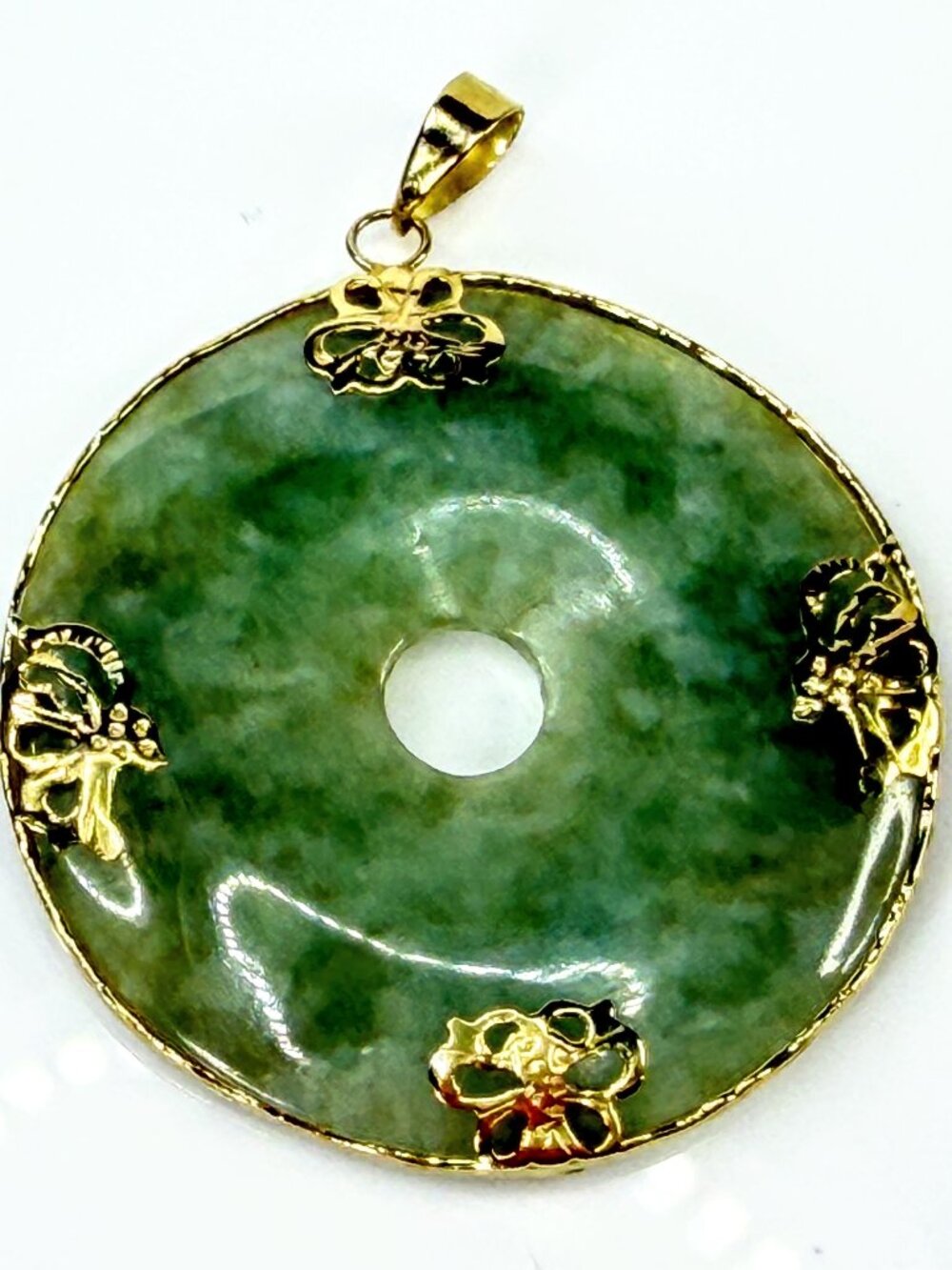 14K Gold Jade Large Bi Disc Butterfly Floral Large Pendant 1.5" JR2190